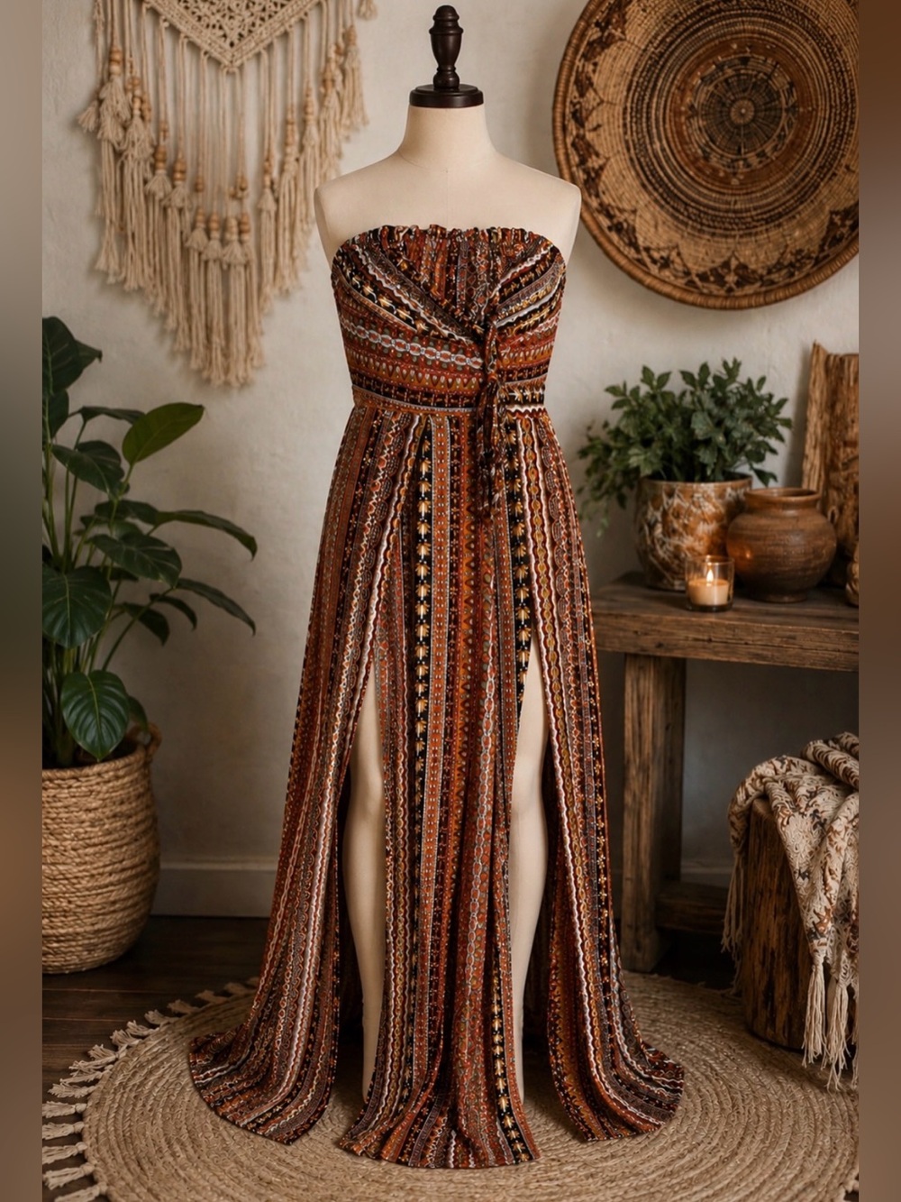 Boho Strapless Maxi Dress in Rust Multi